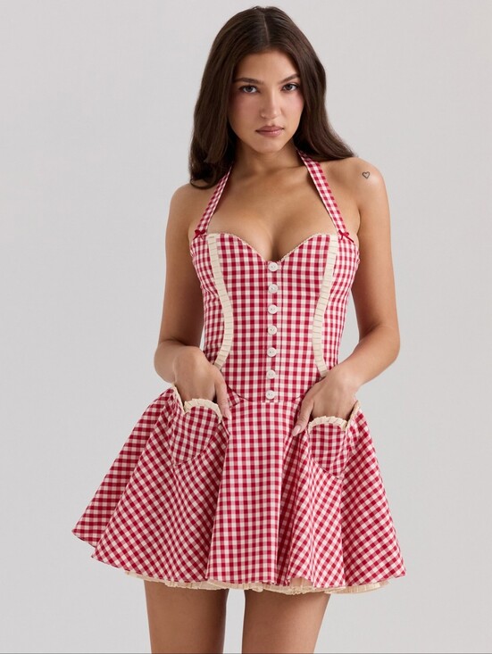 House of CB Dresses & Skirts - House of CB Heidi Red Gingham Cotton Halter Neck Mini Dress Coquette Size L NWT